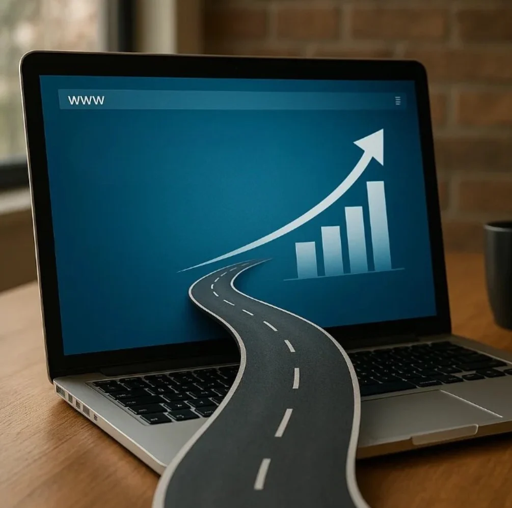 Z otwartego laptopa wychodzi droga. Na ekranie laptopa wykres słupkowy ze strzałką pnącą się do góry