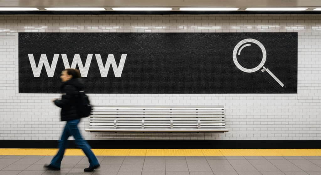 Młoda kobieta pośpiesznie przechodzi przez stację metra. Na ścianie jest widoczny napis www oraz lupka