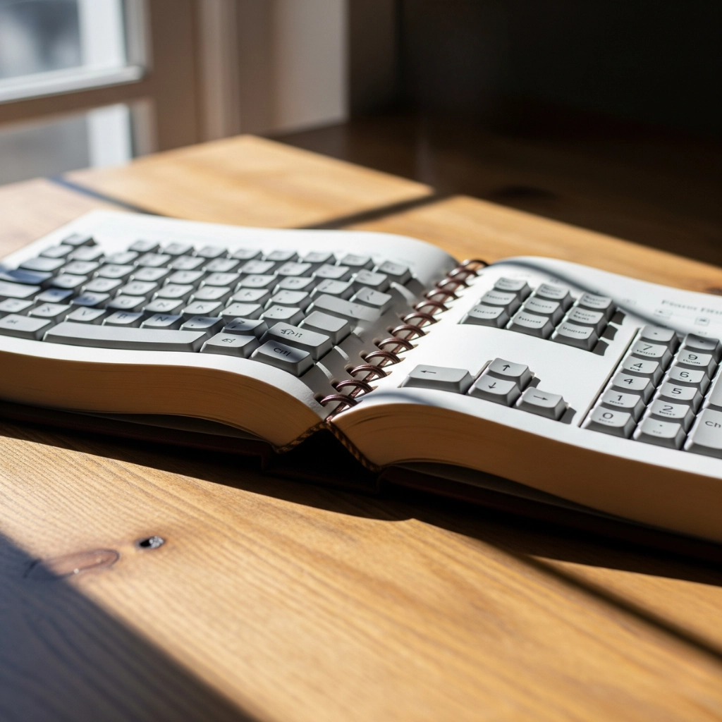 Na drewnianym biurku leży otwarta książka w formie klawiatury komputera