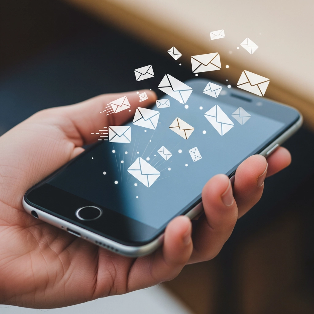 Dłoń trzymająca telefon komórkowy z którego wylatują białe koperty (wiadomości mail)