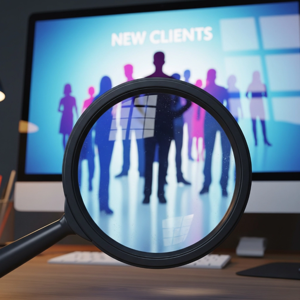 Lupa nakierowana na ekran komputera z sylwetkami klientów