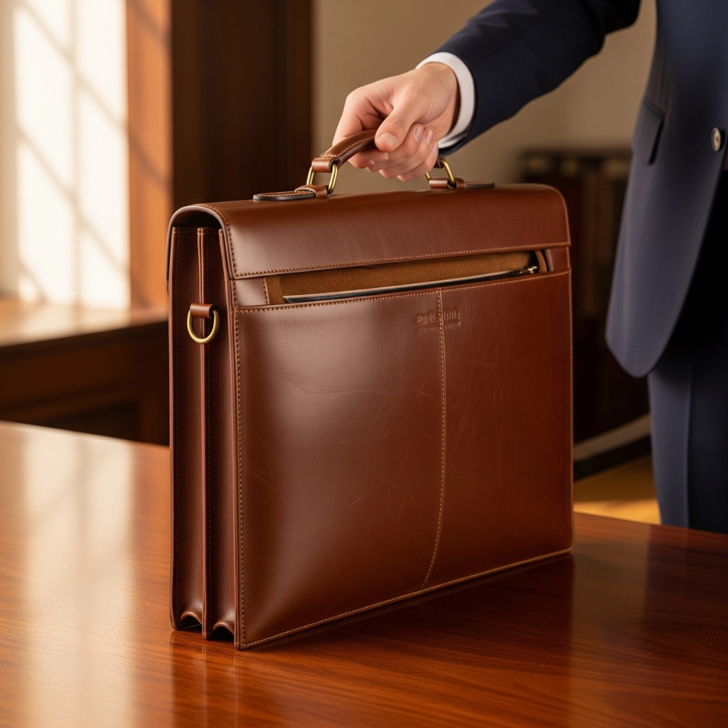 Osoba w garniturze bierze do ręki elegancką teczkę