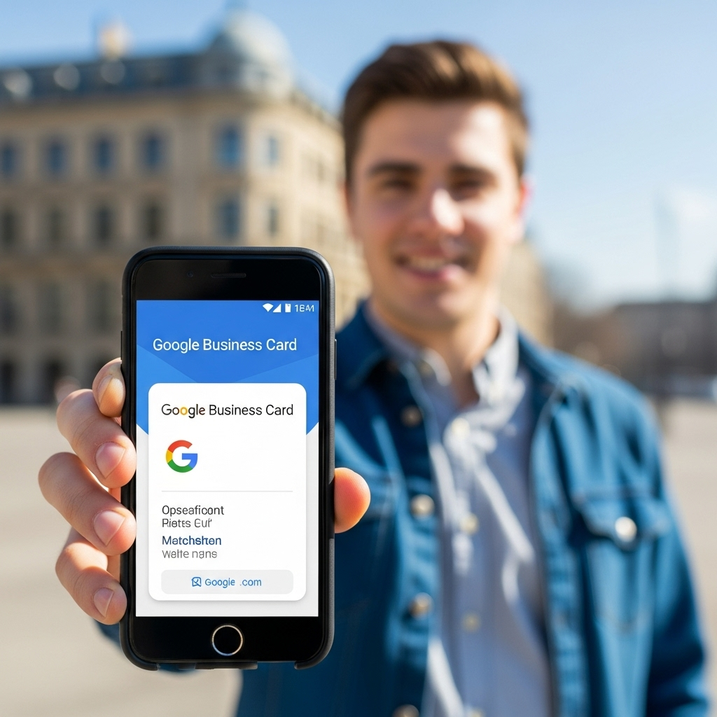 Młody mężczyzna trzyma w ręku telefon komórkowy, na którym jest widoczna wizytówka google