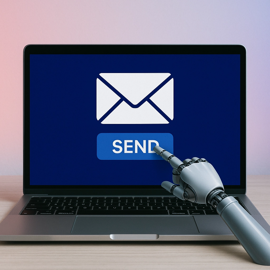 Robotyczna dłoń wskazuje na napis send, który jest widoczny na otwartym laptopie z białą kopertą