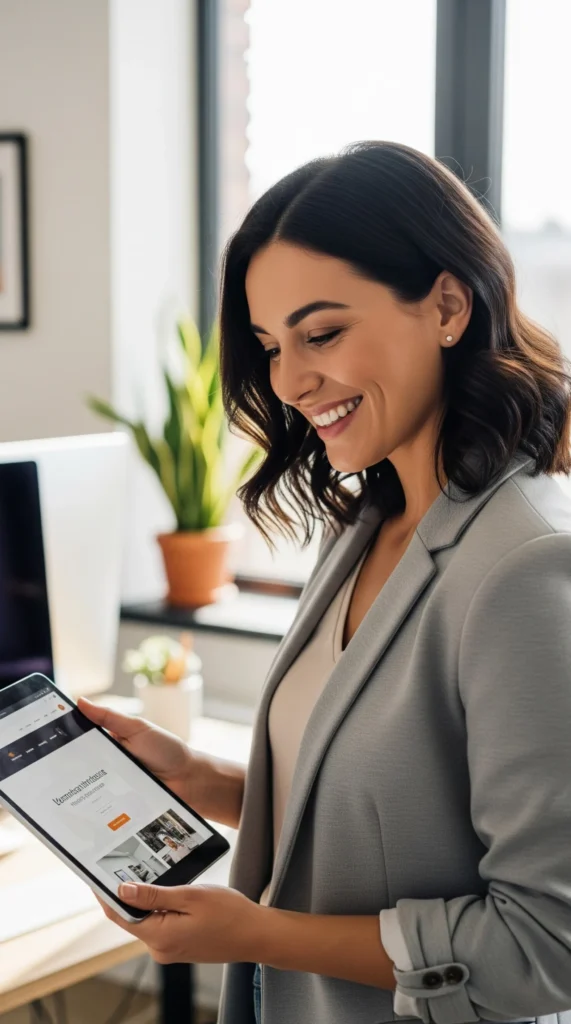 Młoda i uśmiechnięta kobieta stoi w biurze, w ręku trzyma tablet