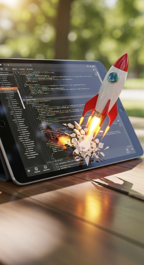 Z opartego na stole tabletu startuje rakieta